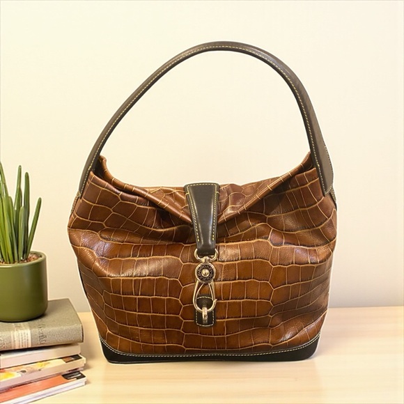 Dooney & Bourke Elegant Brown Crocodile-Embossed Women's Hobo Bag EUC - Picture 1 of 15